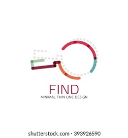 Vector thin line design logo magnifying glass, search and find or zoom logotype concept. Linear minimalistic business icon made of multicolored segments