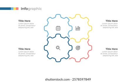 Vector thin line elements with 4 options interconnected gears representing a process or workflow.