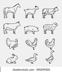 Vector thin line farm animals icons collection.