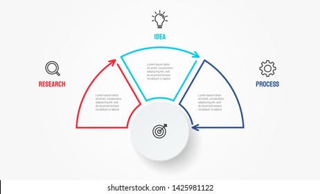 Vector Thin Line Flat  Half Circle Element For Infographic. Business Concept With 3 Steps, Options, Arrow.