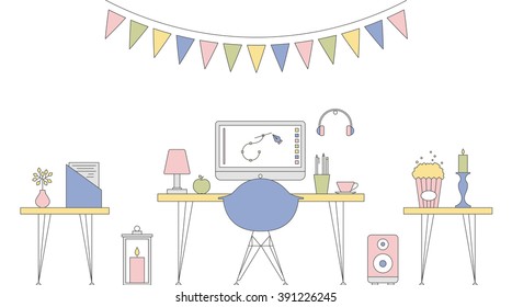 Vector Thin Line Flat Icons, Workspace, Workplace