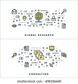 Vector Thin Line Global Research and Consulting Concepts. Vector Illustration for Website Banner or Header. Flat Line Icons and Design Elements