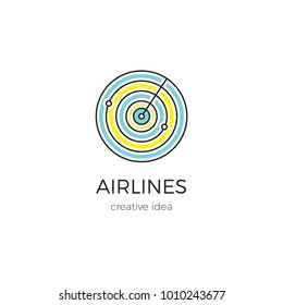 Vector thin line icon, airplane radar. Logo template illustration for airline company, airport or travel agency. Colored isolated symbol. Simple mono linear modern design.