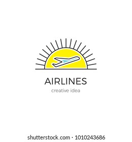 Vector thin line icon, airplane silhouette. Logo template illustration for airline company, airport or travel agency. Colored isolated symbol. Simple mono linear modern design.