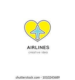 Vector thin line icon, airplane silhouette. Logo template illustration for airline company, airport or travel agency. Colored isolated symbol. Simple mono linear modern design.