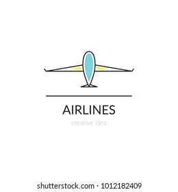 Vector thin line icon, airplane silhouette. Logo template illustration for airline company, airport or travel agency. Colored isolated symbol. Simple mono linear modern design.