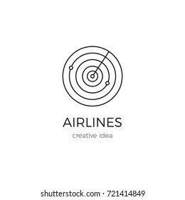 Vector thin line icon, airplane radar. Logo template illustration for airline company, airport or travel agency. Black on white isolated symbol. Simple mono linear modern design.