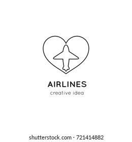 Vector thin line icon, airplane silhouette. Logo template illustration for airline company, airport or travel agency. Black on white isolated symbol. Simple mono linear modern design.