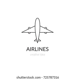 Vector thin line icon, airplane silhouette. Logo template illustration for airline company, airport or travel agency. Black on white isolated symbol. Simple mono linear modern design.
