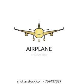 Vector thin line icon, airplane silhouette. Logo template illustration for airline company, airport or travel agency. Isolated symbol. Simple mono linear modern design with golden foil.