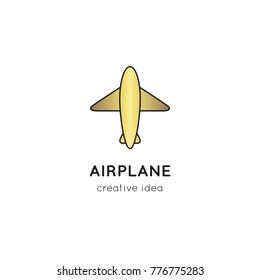 Vector thin line icon, airplane silhouette. Logo template illustration for airline company, airport or travel agency. Isolated symbol. Simple mono linear modern design with golden foil.