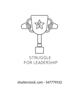 Vector thin line icon, battle for winner cup. Metaphor of struggle for leadership and dominance. Black on white isolated symbol. Simple mono linear modern design.