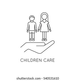 Vector thin line icon, boy and girl on the palm. Children, brother and sister. Logo template illustration. Metaphor of children care. Black on white isolated symbol. Simple mono linear modern design.