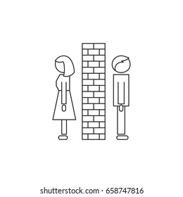 Vector thin line icon, brick wall between man and woman. Metaphor of indifference, conflict and omni directional. Black on white isolated symbol. Simple mono linear modern design.