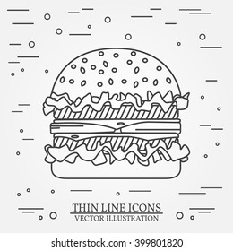 Vector thin line icon  burger. For web design and application interface, also useful for infographics. Vector dark grey. Vector illustration.