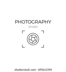 Vector thin line icon, camera silhouette. Logo template illustration for photographer, photography studio, shop or school. Black on white isolated symbol. Simple mono linear modern design.