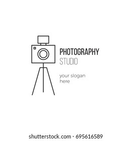 Vector thin line icon, camera silhouette. Logo template illustration for photographer, photography studio, shop or school. Black on white isolated symbol. Simple mono linear modern design.