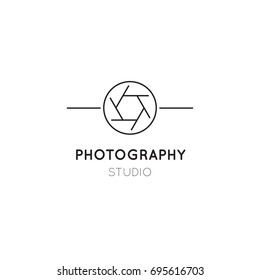 Vector thin line icon, camera shutter silhouette. Logo template illustration for photographer, photography studio, shop or school. Black on white isolated symbol. Simple mono linear modern design.