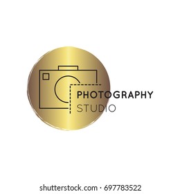 Vector thin line icon, camera silhouette. Logo template illustration for photographer, photography studio, shop or school. Isolated symbol. Simple mono linear modern design with golden foil.