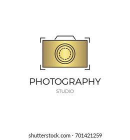 Vector thin line icon, camera silhouette. Logo template illustration for photographer, photography studio, shop or school. Isolated symbol. Simple mono linear modern design with golden foil.