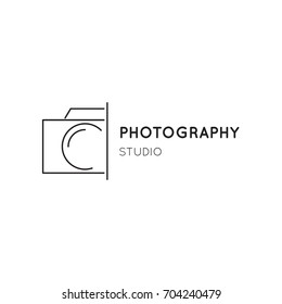 Vector thin line icon, camera silhouette. Logo template illustration for photographer, photography studio, shop or school. Black on white isolated symbol. Simple mono linear modern design.