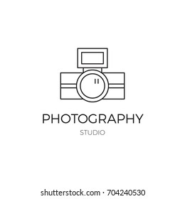 Vector thin line icon, camera silhouette. Logo template illustration for photographer, photography studio, shop or school. Black on white isolated symbol. Simple mono linear modern design.