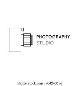 Vector thin line icon, camera silhouette. Logo template illustration for photographer, photography studio, shop or school. Black on white isolated symbol. Simple mono linear modern design.