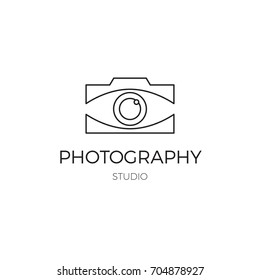 Vector thin line icon, camera silhouette. Logo template illustration for photographer, photography studio, shop or school. Black on white isolated symbol. Simple mono linear modern design.
