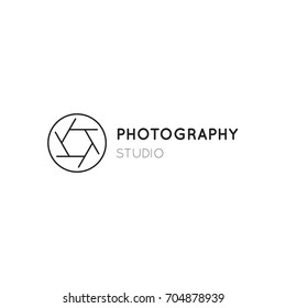 Vector thin line icon, camera shutter silhouette. Logo template illustration for photographer, photography studio, shop or school. Black on white isolated symbol. Simple mono linear modern design.