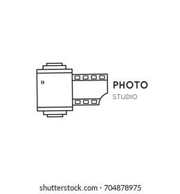 Vector thin line icon, camera roll silhouette. Logo template illustration for photographer, photography studio, shop or school. Black on white isolated symbol. Simple mono linear modern design.