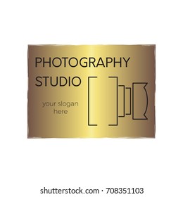 Vector thin line icon, camera silhouette. Logo template illustration for photographer, photography studio, shop or school. Isolated symbol. Simple mono linear modern design with golden foil.