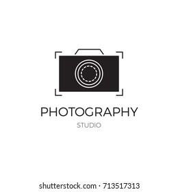 Vector thin line icon, camera silhouette. Logo template illustration for photographer, photography studio, shop or school. Black on white isolated symbol. Simple modern design.