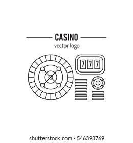 Vector thin line icon, casino logo template. Roulette, slot and chips. Black on white isolated symbol. Simple mono linear modern design.