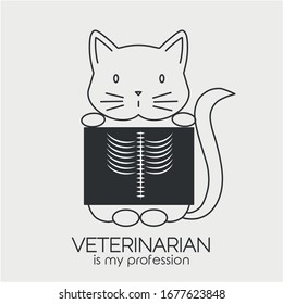 Vector thin line icon cat holding veterinary x-ray and text veterinarian is my profession