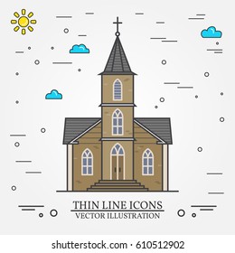 Vector thin line icon church. For web design and application interface, also useful for infographics.Catholic Church isolated on a white background. Vector illustration.