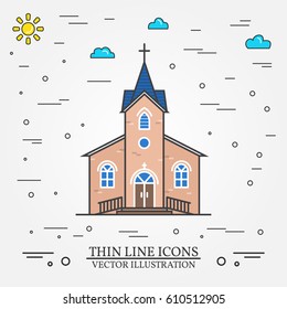 Vector thin line icon church. For web design and application interface, also useful for infographics. Catholic Church isolated on a white background. Vector illustration.