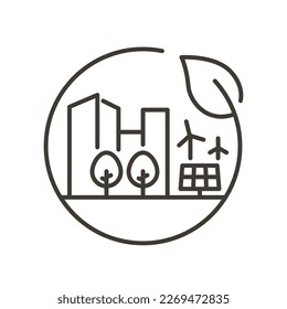 Vector thin line icon with city skyline, wind turbines, solar panel, sun, trees inside a circle with a leaf. Minimal outline illustration for concepts of renewable energies, environmentaly friendly fu
