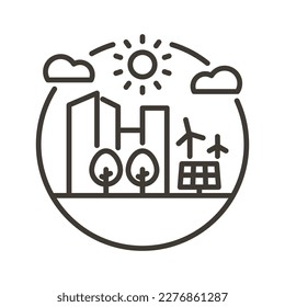 Icono de línea delgada vectorial con perfil urbano, turbinas eólicas, panel solar, sol, nubes y árboles. Ilustración mínima del esquema para los conceptos de energías renovables, un futuro respetuoso con el medio ambiente