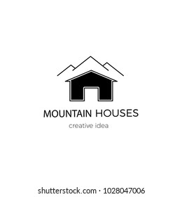 Vector thin line icon, construction logo template illustration. House silhouette near mountains. For building company, real estate agency. Black on white isolated symbol. Simple modern design.