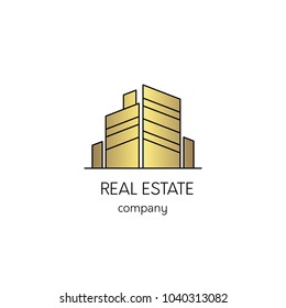 Vector thin line icon, construction logo template illustration. Cityscape silhouette. For building company, real estate agency. Isolated symbol. Simple mono linear modern design with golden foil.