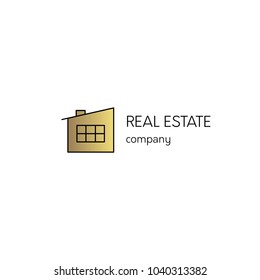 Vector thin line icon, construction logo template illustration. House silhouette. For building company, real estate agency. Isolated symbol. Simple mono linear modern design with golden foil.