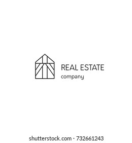 Vector thin line icon, construction logo template illustration. House silhouette. For building company, real estate agency. Black on white isolated symbol. Simple mono linear modern design.