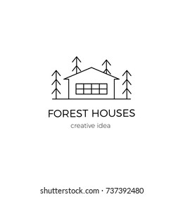 Vector thin line icon, construction logo template illustration. House silhouette with trees. For building company, real estate agency. Black on white isolated symbol. Simple mono linear modern design.