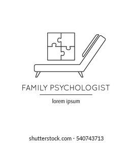Vector thin line icon, a couch and a puzzle picture. Metaphor of family psychologist or mental treatment. Black on white isolated symbol. Simple mono linear modern design.