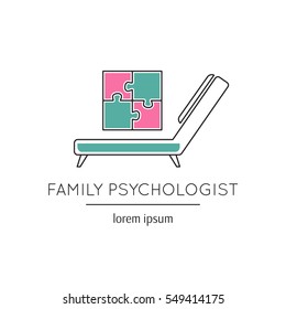 Vector thin line icon, a couch and a puzzle picture. Metaphor of family psychologist or mental treatment. Colored isolated symbol. Simple mono linear modern design.