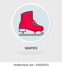 Vector thin line icon of figure skating. Winter recreation equipment rent logo.  Cold season activities, ice rink sign.