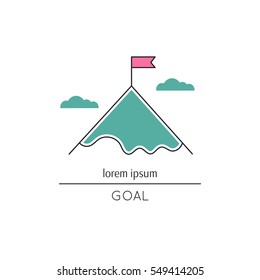 Vector thin line icon, flag on the mountain top. Metaphor of achieving goals and career. Colored isolated symbol. Career growth, achievement and aspiration. Simple mono linear modern design.