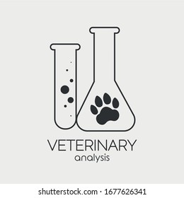 Vector thin line icon flasks with veterinary analysis text and paw symbol