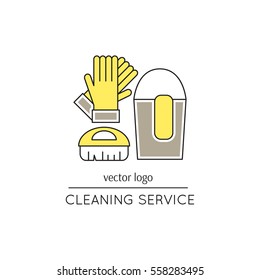 Vector thin line icon. Gloves, brush and bucket. Metaphor of cleaning and housekeeping. Logo template illustration for cleaning service. Colored isolated symbol. Mono linear modern design.