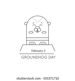 Vector thin line icon, Groundhog day. Marmot looks out of the hole. February 2, tradition of the weather predicting. Simple mono linear modern design.